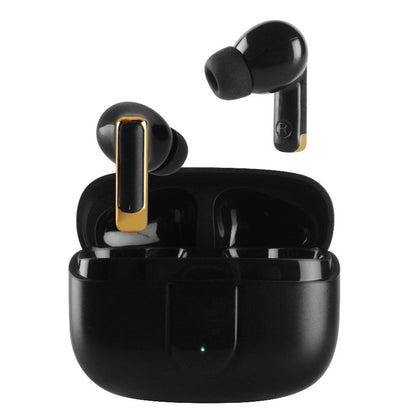 Black wireless earbuds with charging case on a white background